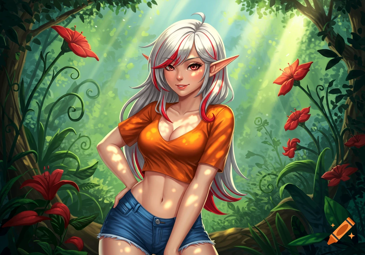An anime-style elf woman with white hair and red highlights, wearing an orange crop top and denim shorts, stands in a sunlit forest.