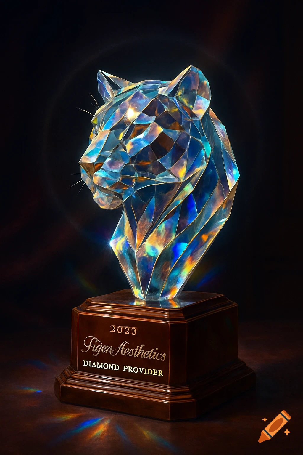 A dazzling crystal tiger head trophy on a dark wooden base, reflecting colorful light. The base reads '2023 Tiger Aesthetics Diamond Provider'.