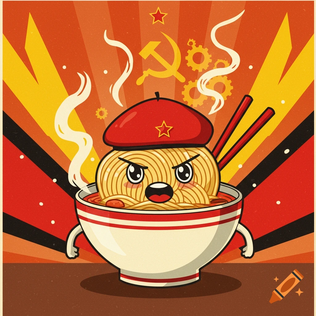 Angry cartoon ramen noodle in a bowl, wearing a red beret, with a hammer and sickle and stars on a retro red and yellow background.
