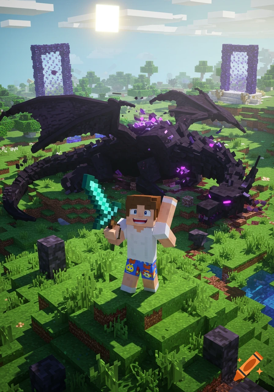 A Minecraft boy in boxers celebrates with a sword over a defeated Ender Dragon in a blocky landscape with portals.
