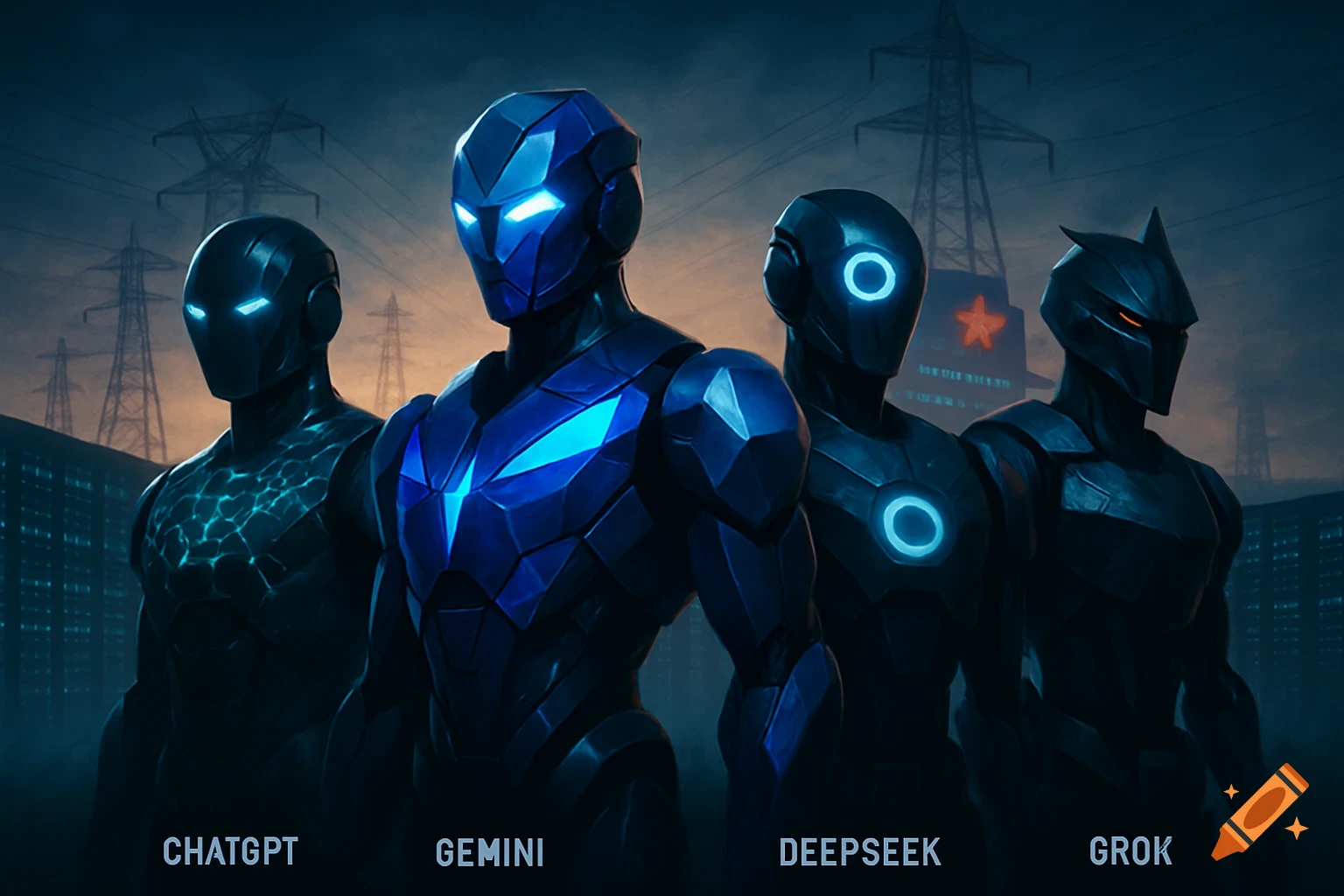 Four stylized AI robots, labeled ChatGPT, Gemini, DeepSeek, and Grok, stand in a dark, futuristic city with power lines.