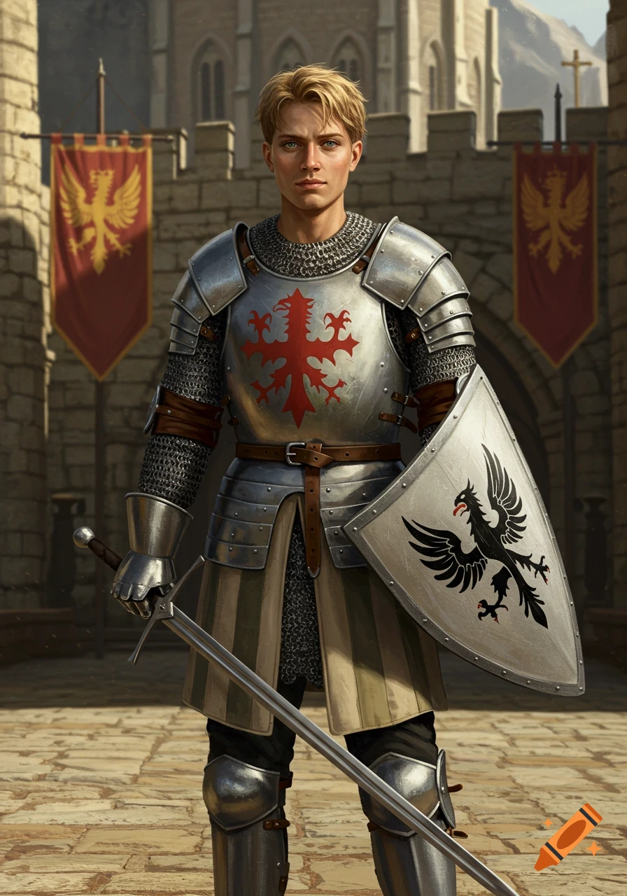 A young male knight in shining armor holds a sword and shield, standing in a castle courtyard with heraldic banners.