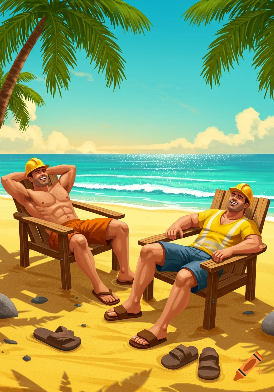 Two smiling men in yellow hard hats relax in beach chairs on a sunny beach with palm trees and ocean, cartoon style.