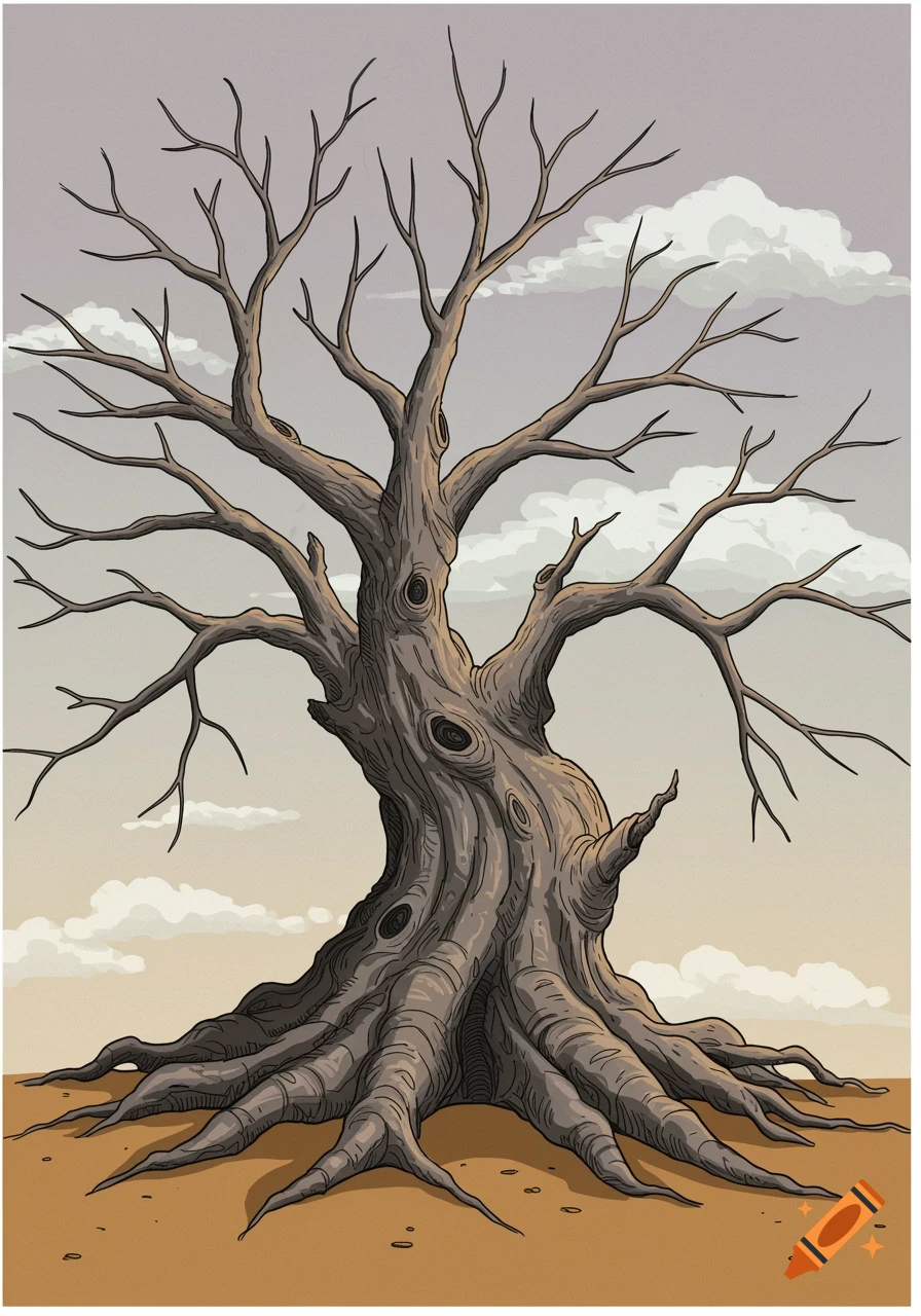 A cartoon-style illustration of an old, bare tree with many branches and exposed roots under a cloudy sky.