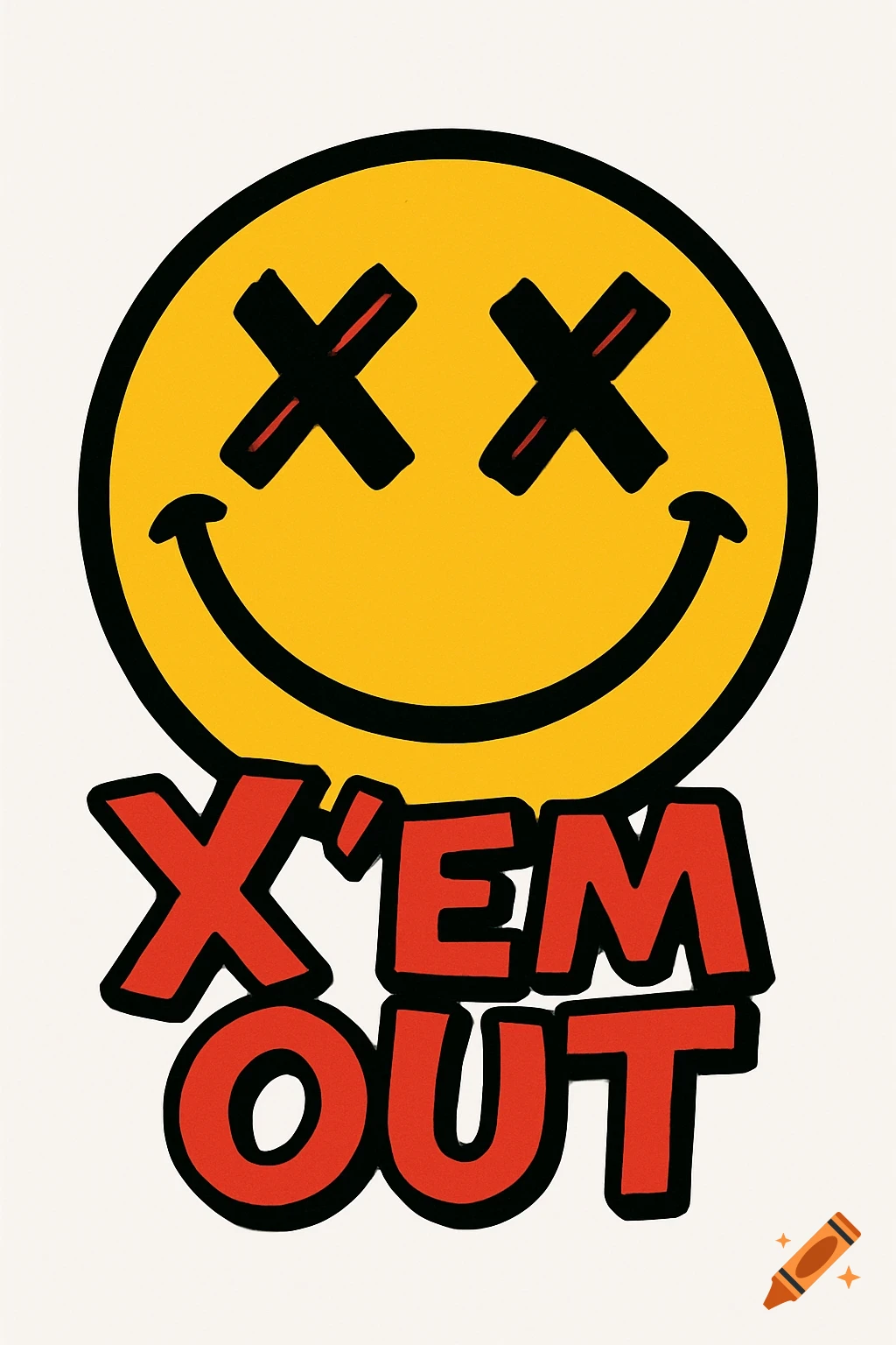 A yellow smiley face with black X's for eyes and a wide smile, above the red text 'X'EM OUT' with a black outline, all on a white background.