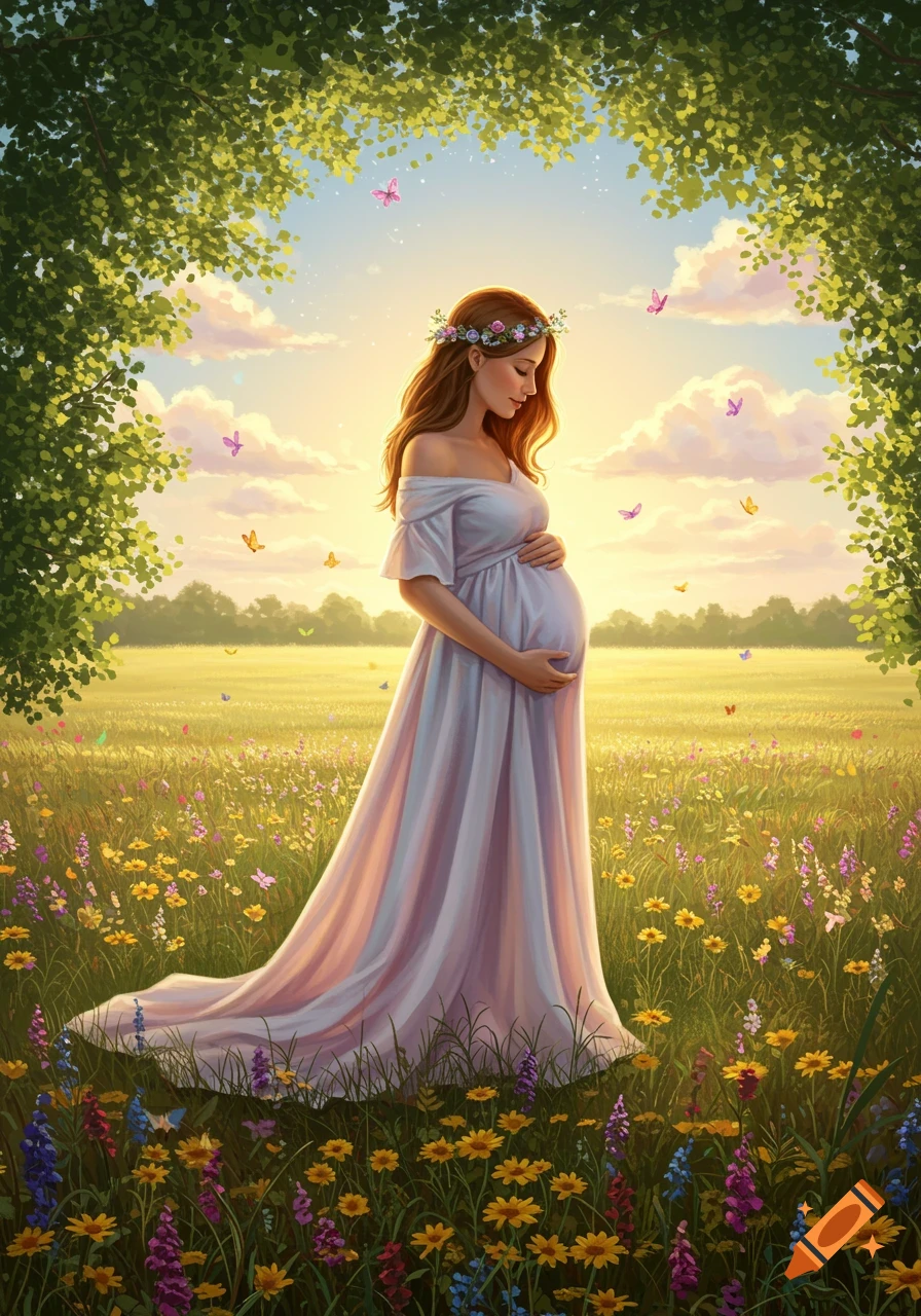 A pregnant woman in a flowing dress stands in a vibrant wildflower meadow under a sunny sky with butterflies, illustration.