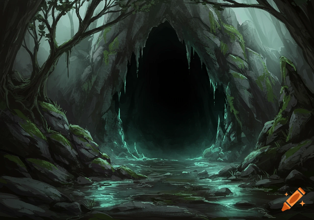 A dark, ominous cave entrance with glowing blue water and mossy rocks, in a fantasy art style.