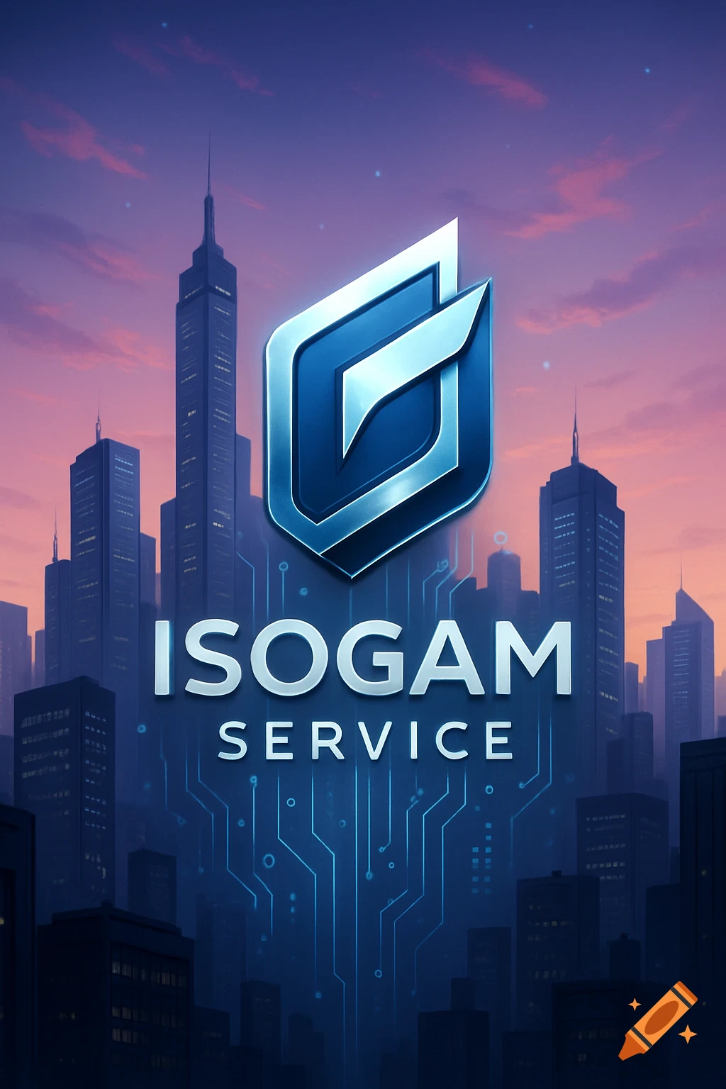 A sleek blue and silver logo with the text 'ISOGAM SERVICE' floats above a futuristic city skyline at dusk with glowing circuit patterns.