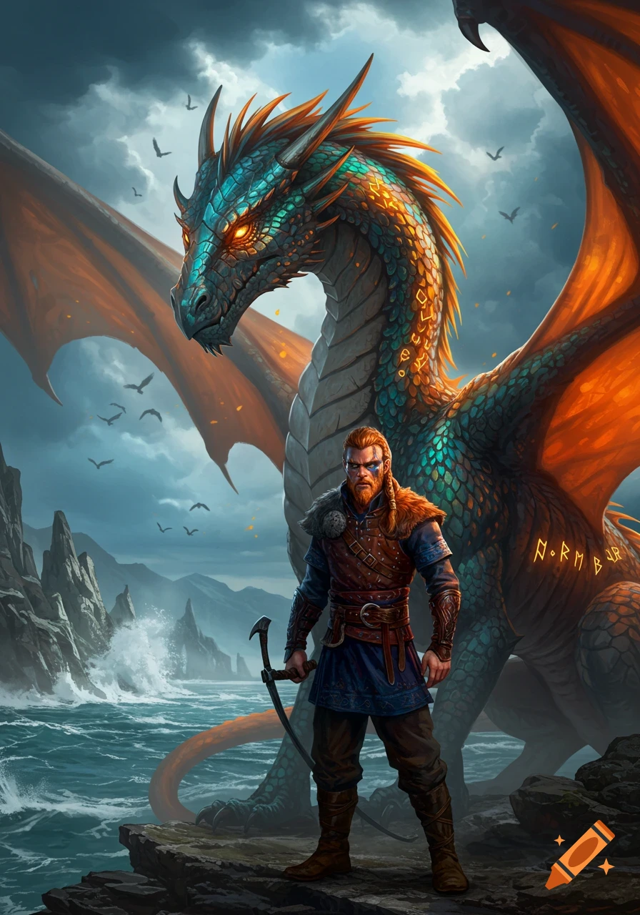 A Viking warrior with a beard and braided hair stands on a rocky coast, a large, teal and orange dragon behind him, under a cloudy sky.