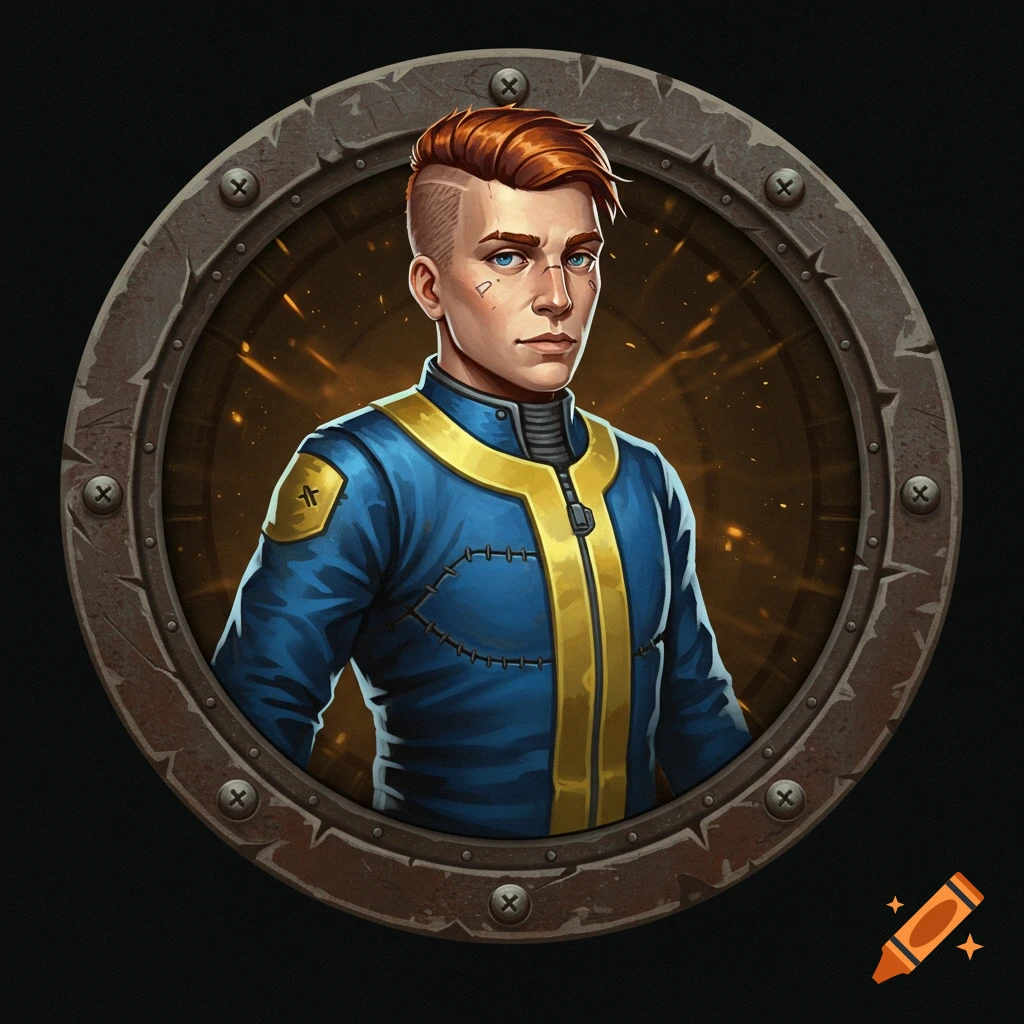 A stylized portrait of a male Fallout Vault Dweller with red hair and a blue and yellow suit, set in a circular, metal-framed token.