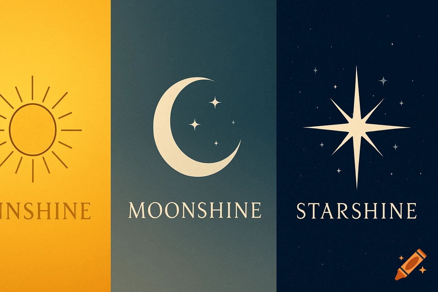 Three minimalist logos: a sun on yellow with 'SUNSHINE', a moon and stars on teal with 'MOONSHINE', and a starburst on dark blue with 'STARSHINE'.
