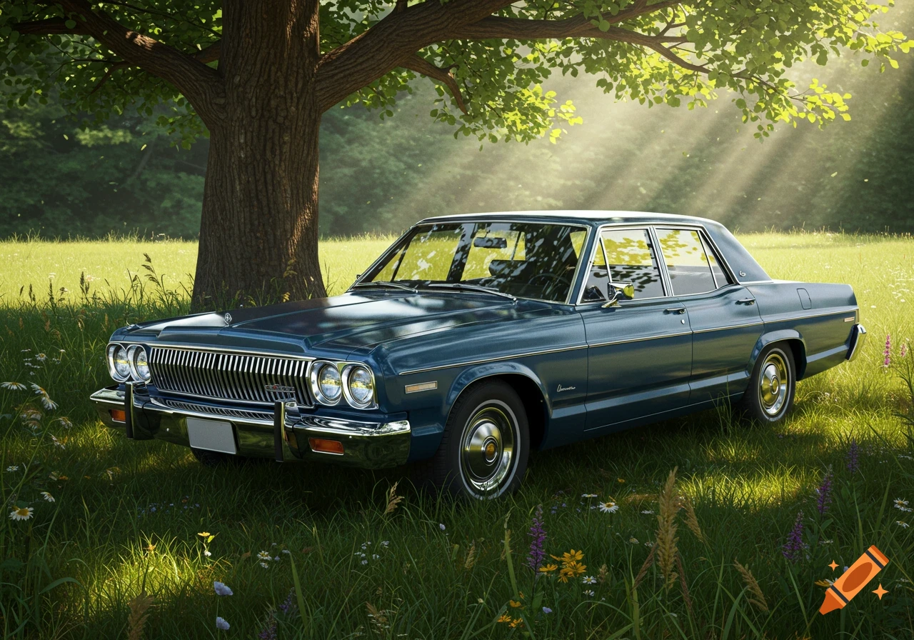 A vintage teal sedan car parked in a sun-dappled grassy field under a large oak tree.
