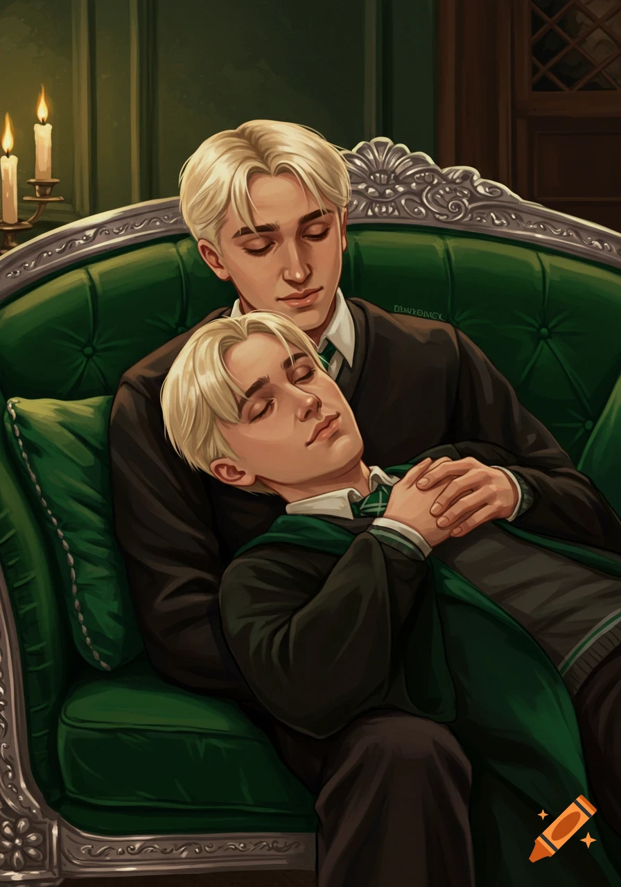 Two young men, one resting on the other's lap on a green couch, wearing dark uniforms with green accents. Illustrated style.