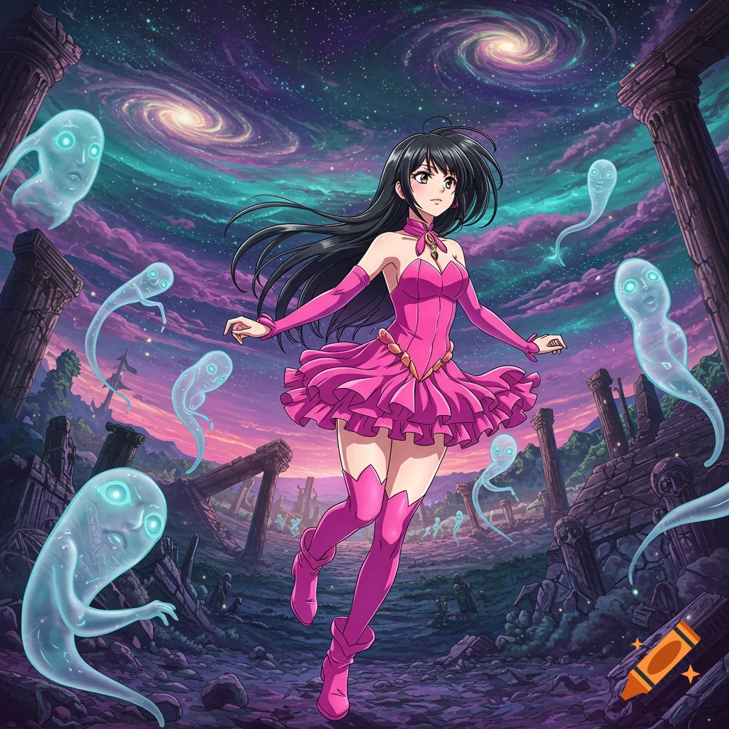 An anime girl in a pink dress floats among glowing spirits in ruins under a vibrant cosmic sky.
