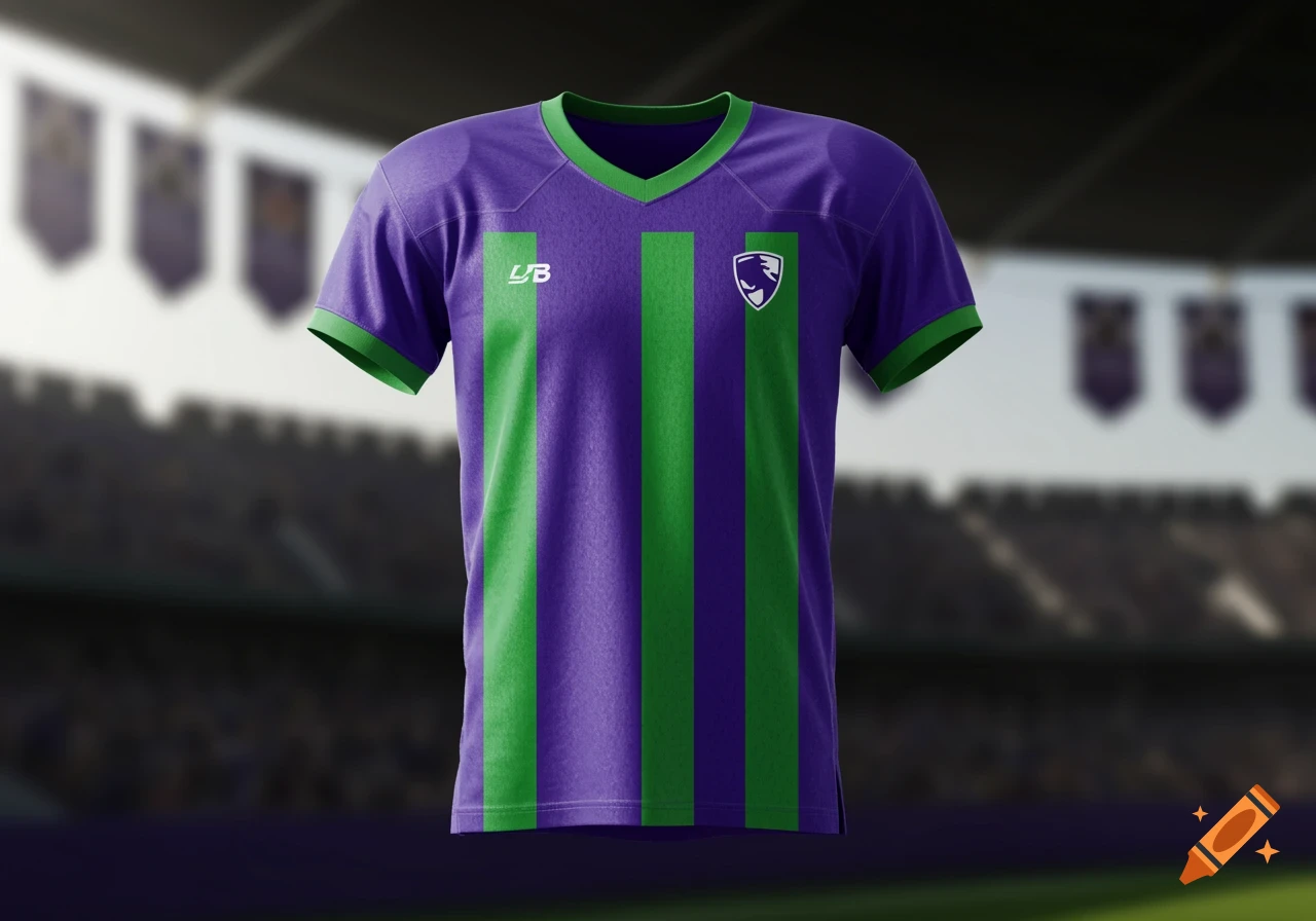 A purple and green striped football jersey on a blurred stadium background.