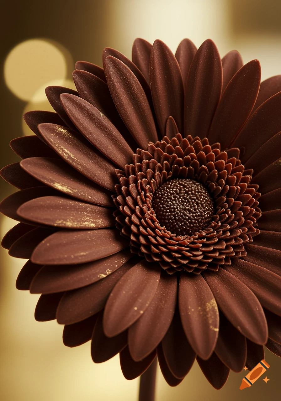 Close-up of a photorealistic gerbera flower made of dark chocolate with gold flecks, against a blurry golden background.
