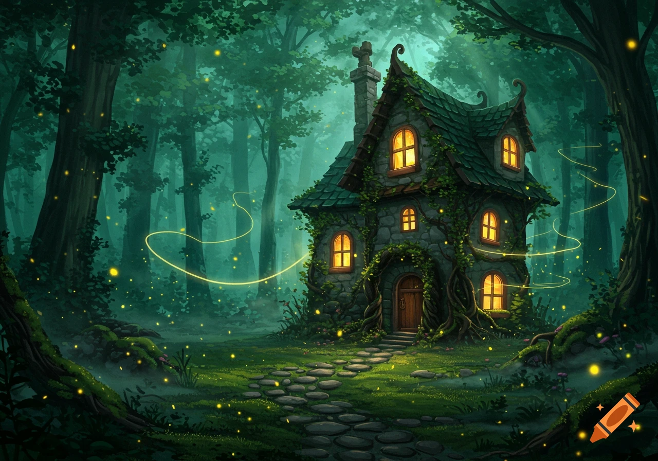 A whimsical stone house with glowing windows and a winding stone path in a dark, magical forest filled with fireflies.