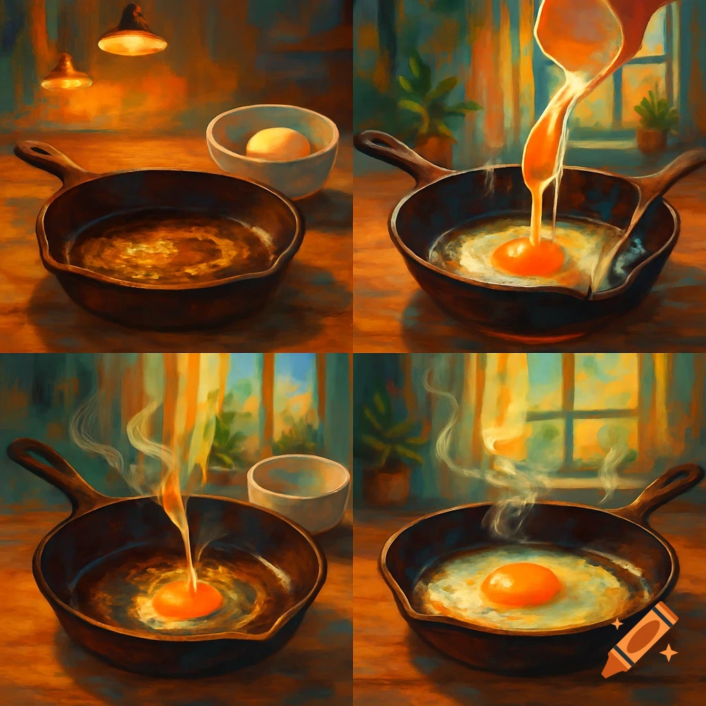 A four-panel sequence, in a painterly style, showing the steps of frying an egg in a cast iron pan on a kitchen counter.