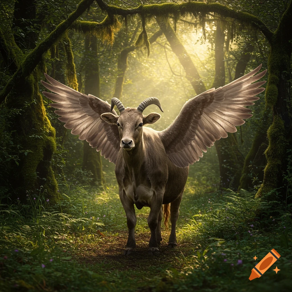 A photorealistic image of a cow with a goat's head and wings standing on a forest path with sunlight filtering through the trees.