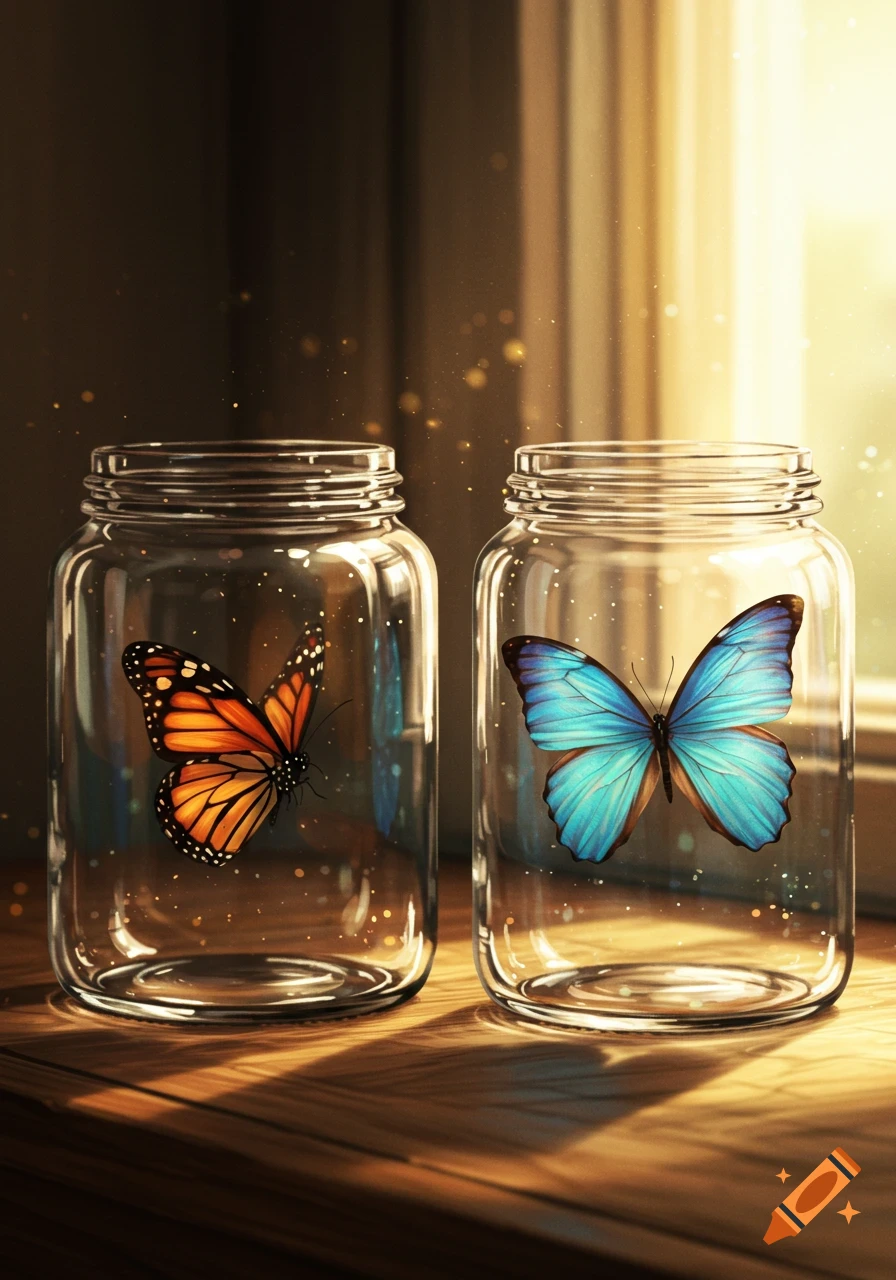 Two glass jars, one with an orange monarch butterfly, the other with a blue butterfly, on a sunlit wooden surface.