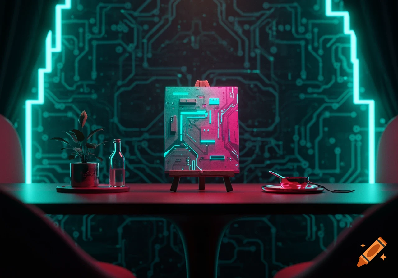 A glowing neon circuit board painting on an easel sits on a table in a dark, tech-themed room with illuminated circuit patterns on the wall.