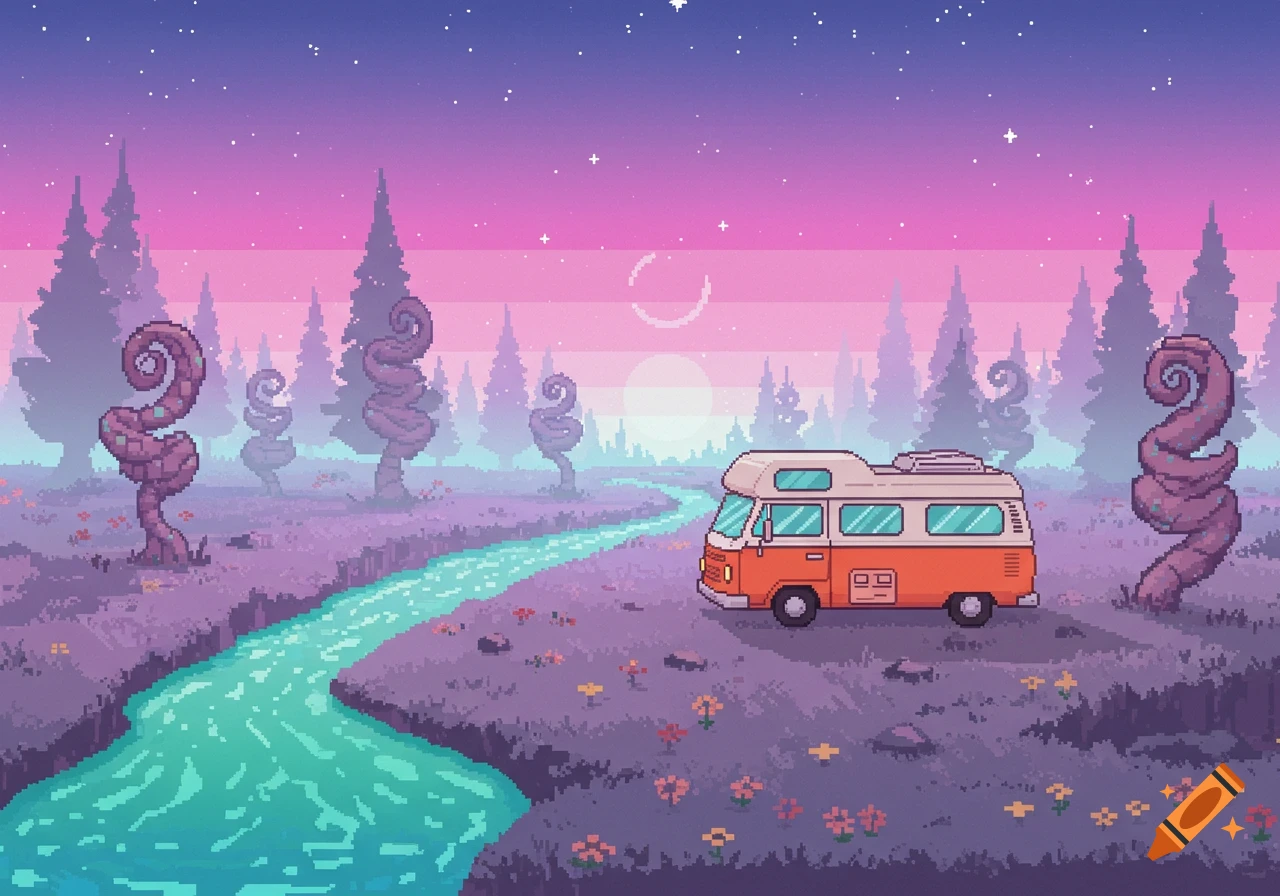 Pixel art landscape with an orange camper van, a teal river, and strange spiraling trees under a purple and pink sky.