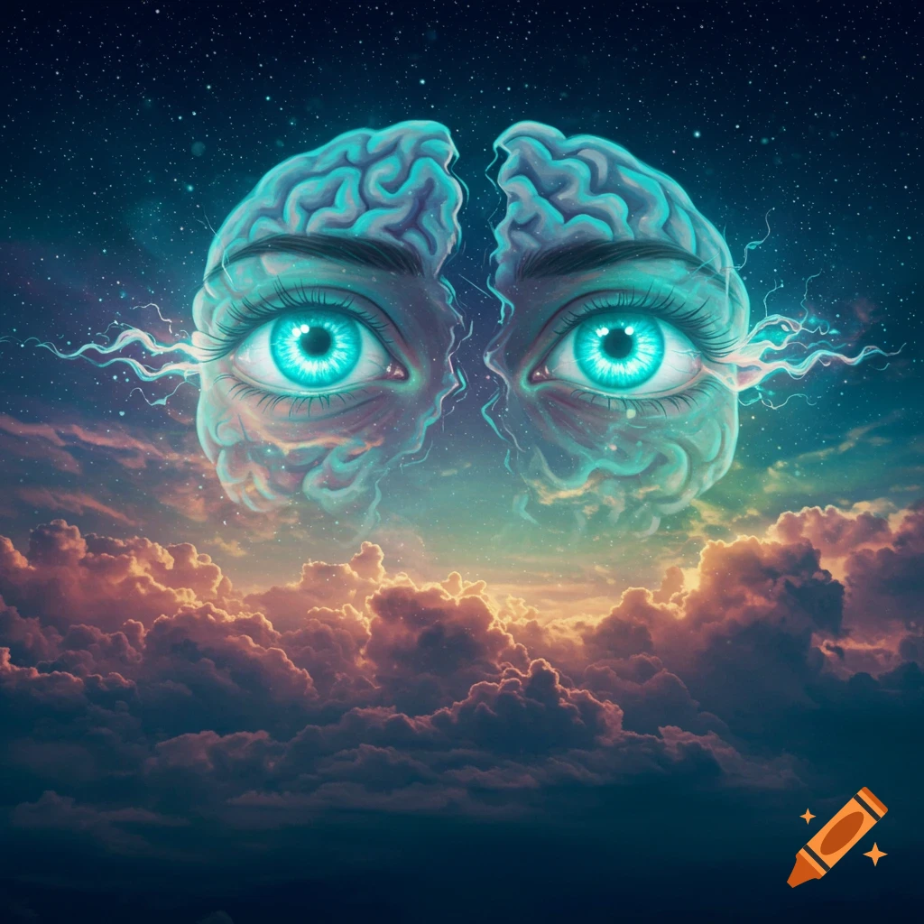 Two glowing blue eyes embedded in brain halves float above a sea of orange clouds under a starry night sky.