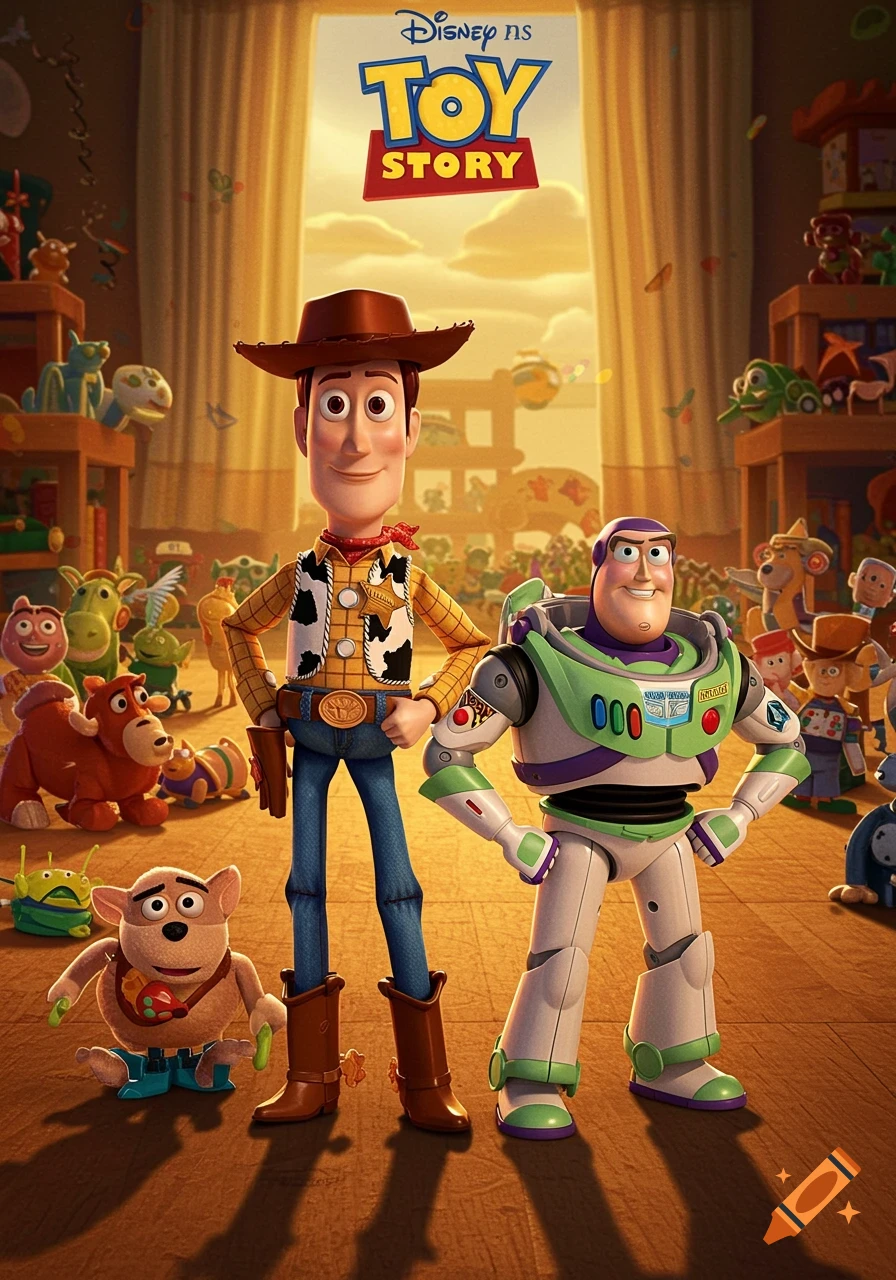 A poster featuring Woody the cowboy and Buzz Lightyear the astronaut toy standing together, surrounded by other toys in a child's room.