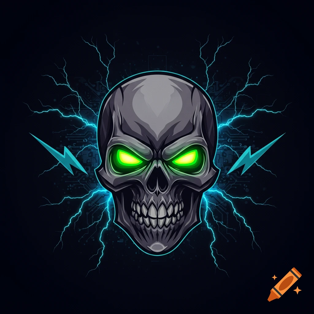 A stylized dark gray skull with glowing green eyes, surrounded by blue lightning and circuit patterns on a dark background.