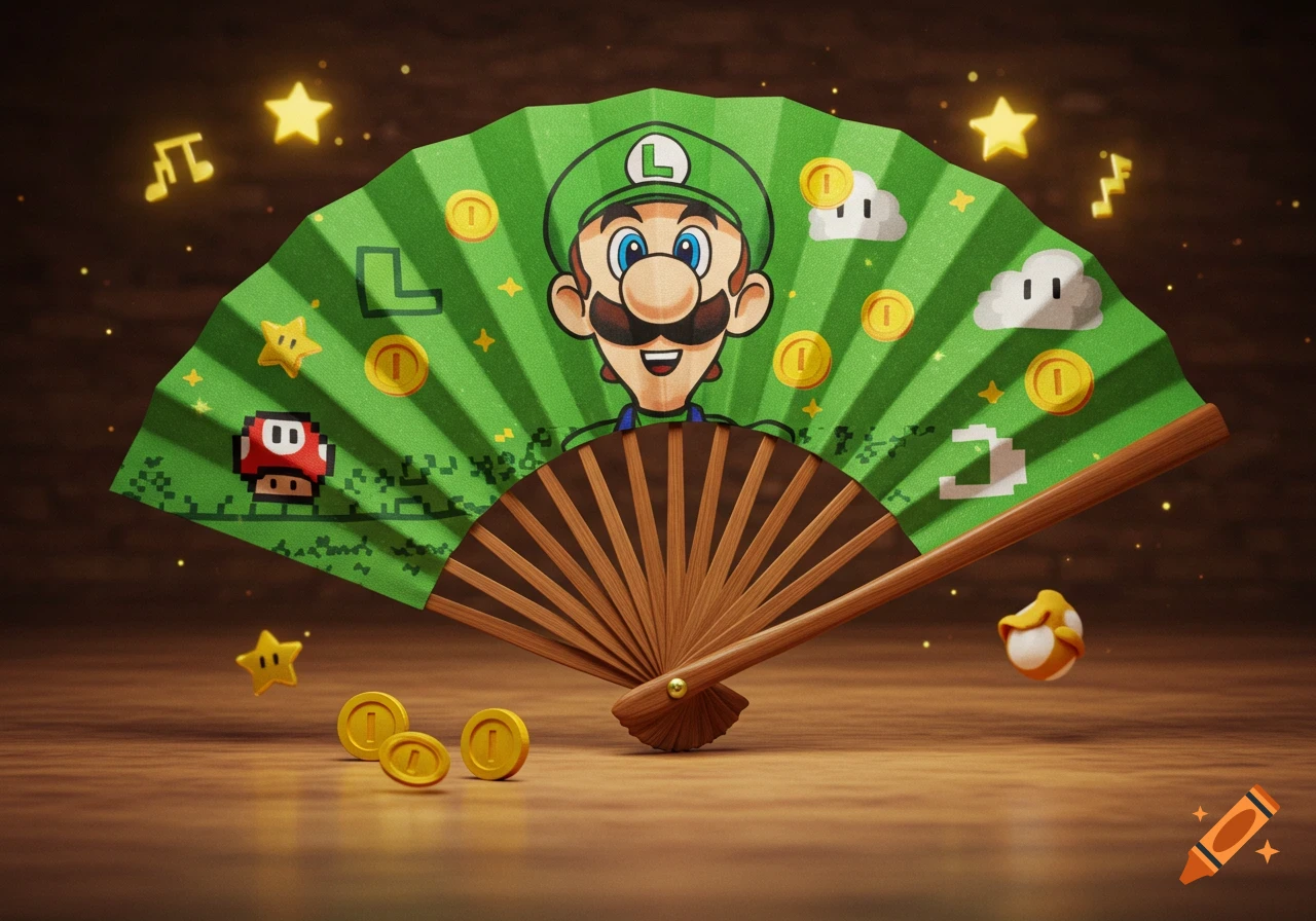 A green folding fan with Luigi's face and Super Mario elements like coins, stars, and mushrooms, on a wooden surface.