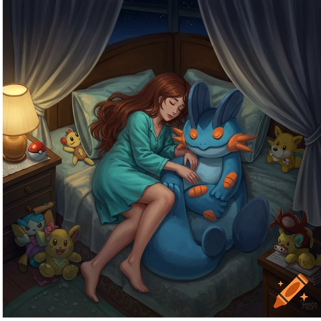 A young girl with long brown hair sleeps soundly in bed, embracing a large blue Swampert plushie, surrounded by other Pok Hmon toys. Digital painting style.