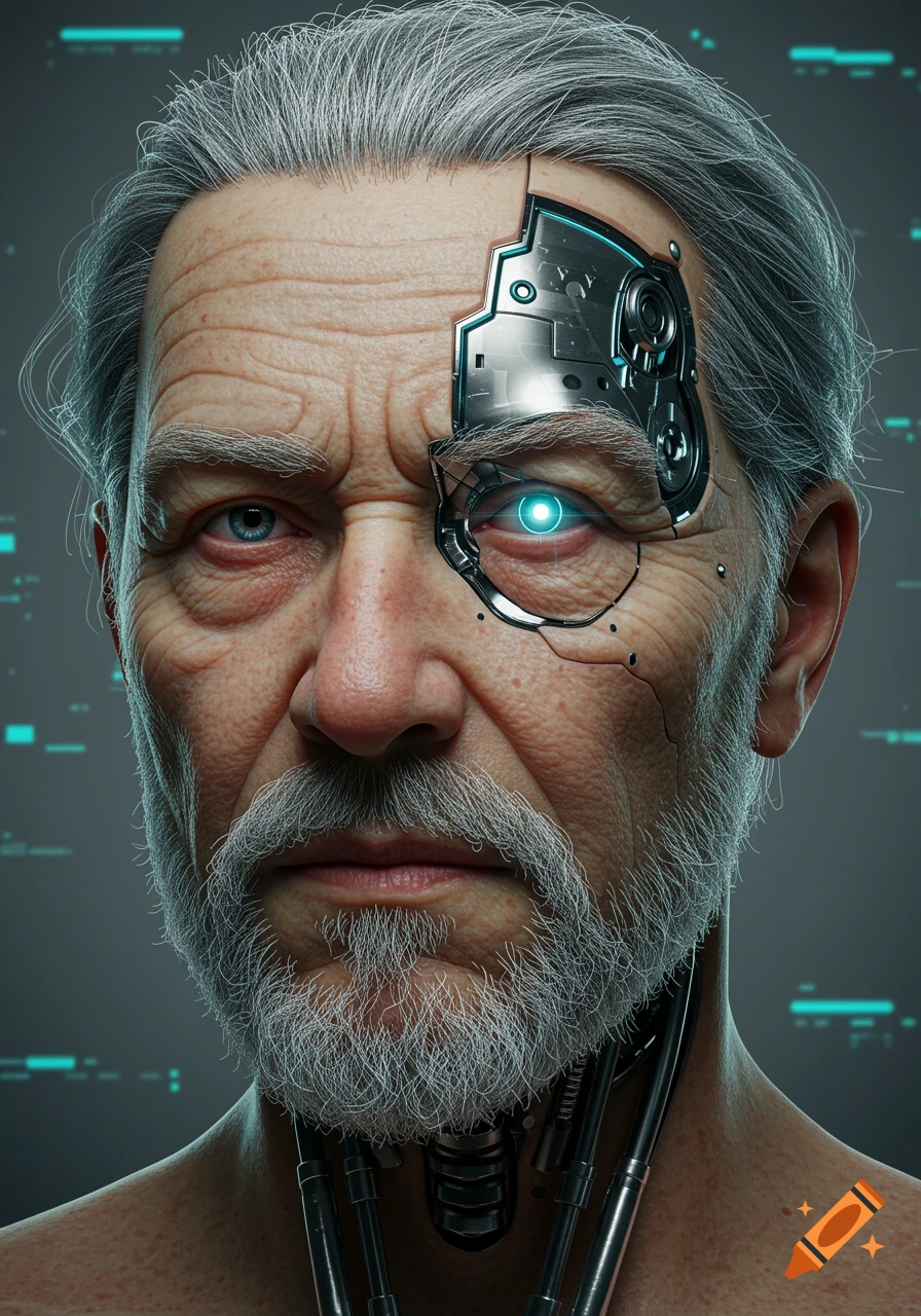 Photorealistic close-up of an elderly man with gray hair and beard, featuring a detailed silver metallic cyborg implant on the right side of his face with a glowing blue eye.