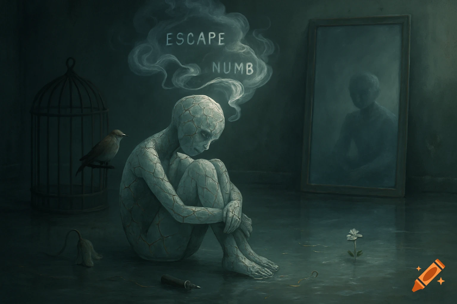 Cracked humanoid figure sits in a dark, half-flooded room with words 'ESCAPE NUMB' in smoke above, birdcage, mirror, and flowers.