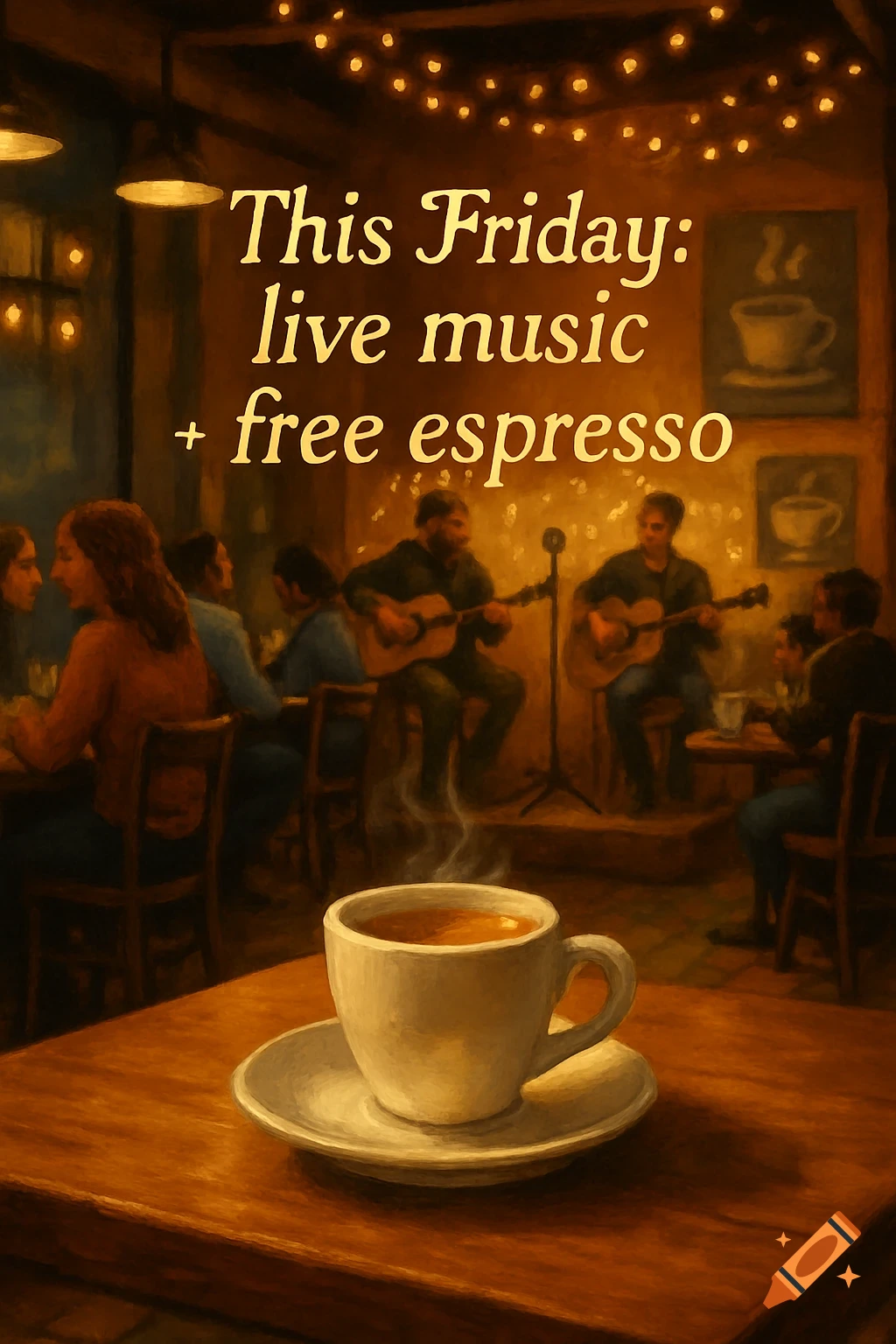 A cozy, warm-lit coffee shop with live music, people seated, and a steaming espresso cup on a wooden table. Overlay text: 'This Friday: live music + free espresso'.