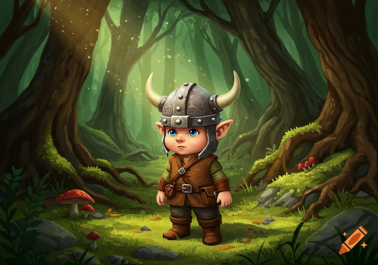 A cute gnome child with a horned Viking helmet and brown outfit stands in a sunlit, stylized forest.