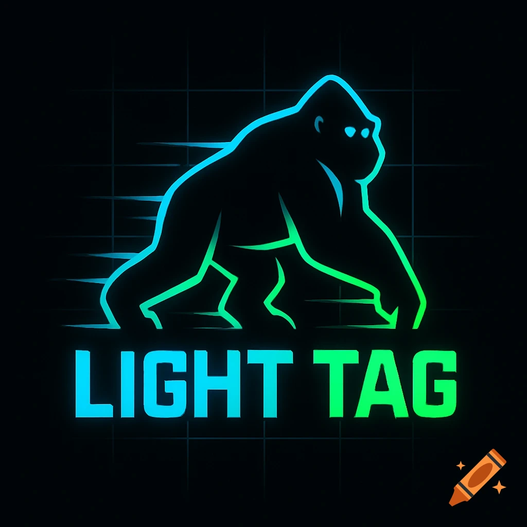 A black gorilla silhouette with blue and green neon outline above glowing 'LIGHT TAG' text on a dark grid.