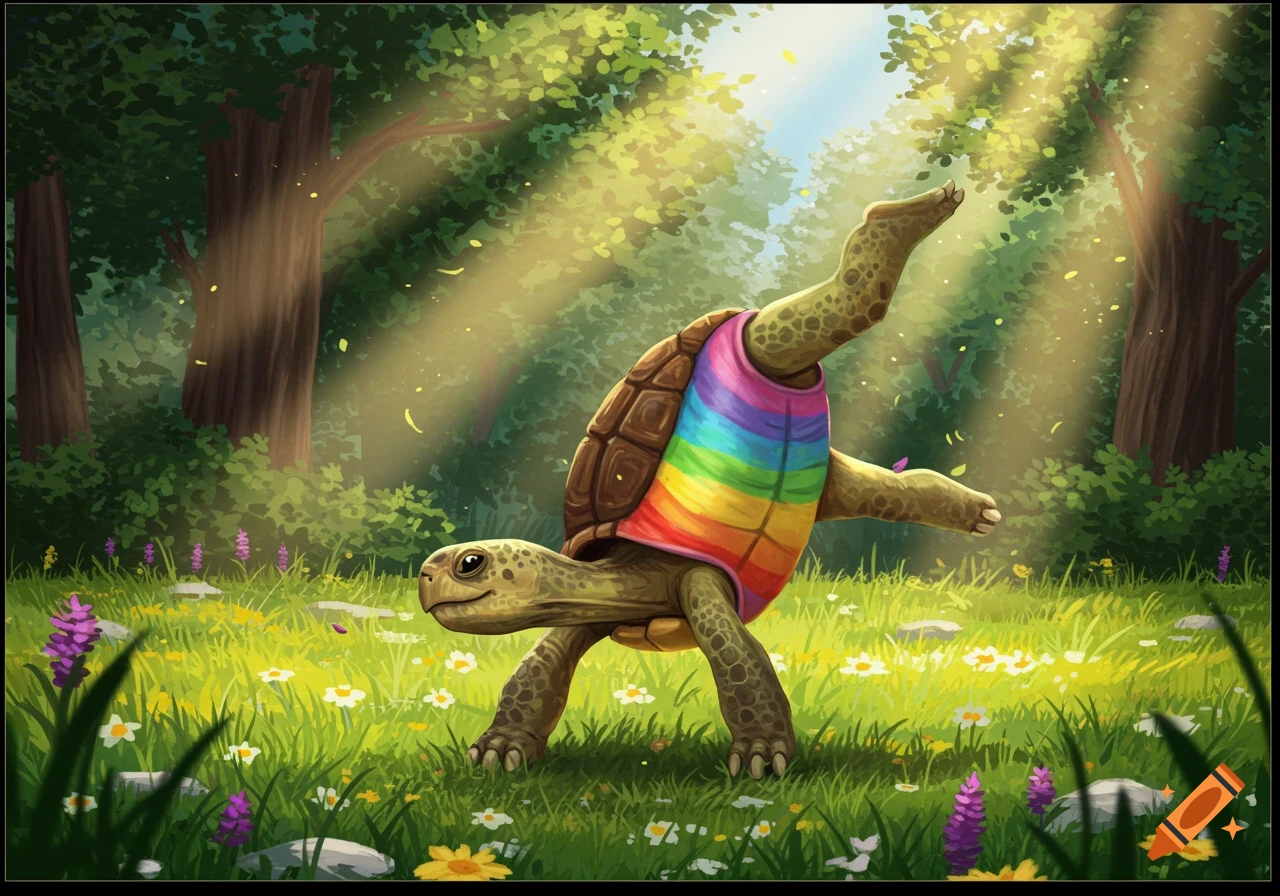 A cartoon turtle in a rainbow leotard performs a handstand in a sunlit forest clearing filled with flowers.