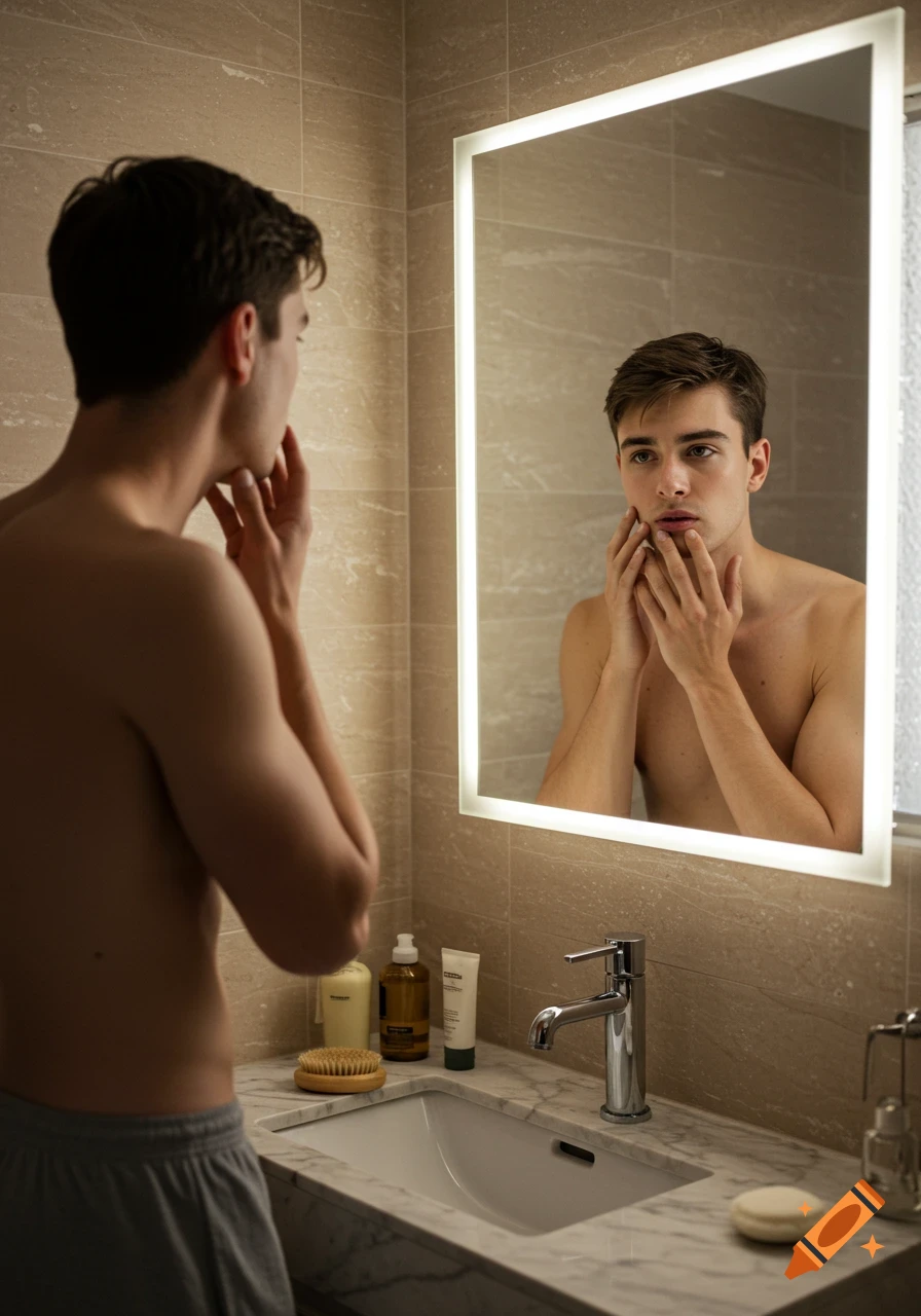 Young man in a bathroom looking at his reflection in a brightly lit mirror, examining his skin.