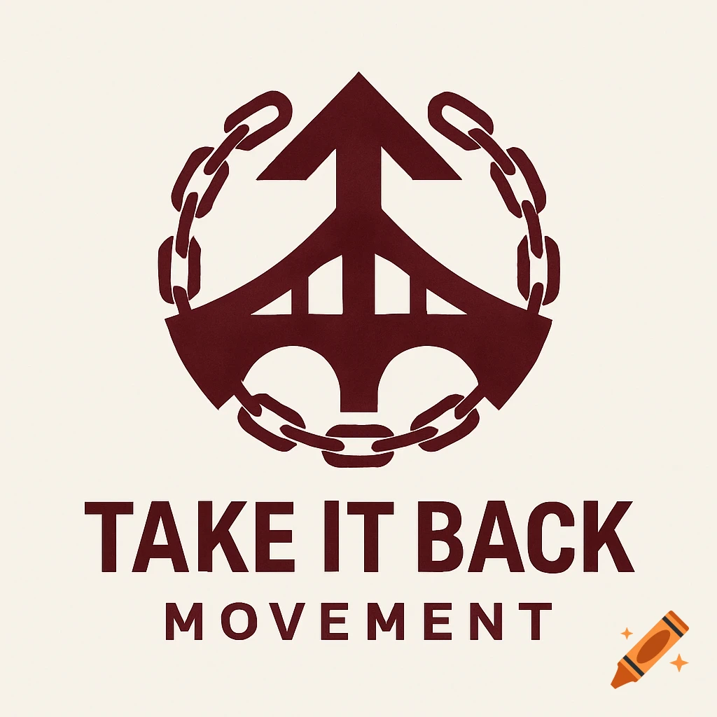 A maroon logo featuring a central anchor/arrow symbol encircled by a chain, with the text 'TAKE IT BACK MOVEMENT' below.
