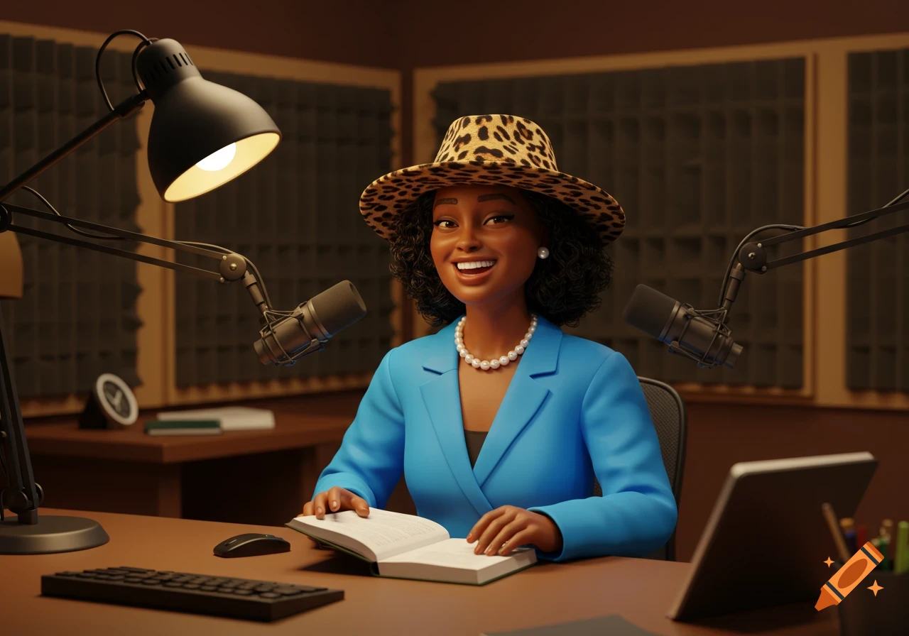 A cheerful African-American woman in a blue suit and leopard print hat, holding a book in a 3D illustrated podcast studio.