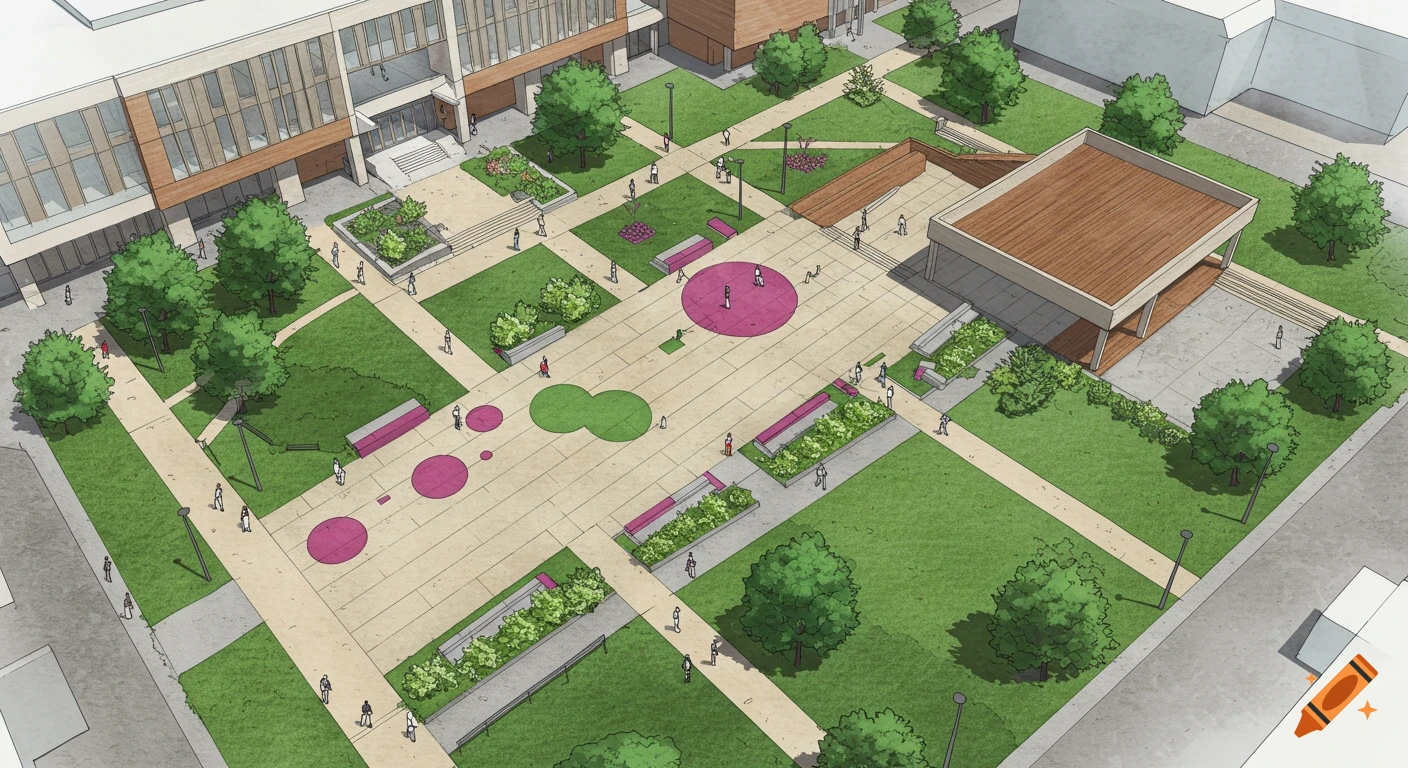 Aerial conceptual drawing of a modern plaza with beige pathways, green spaces, magenta design elements, and buildings.