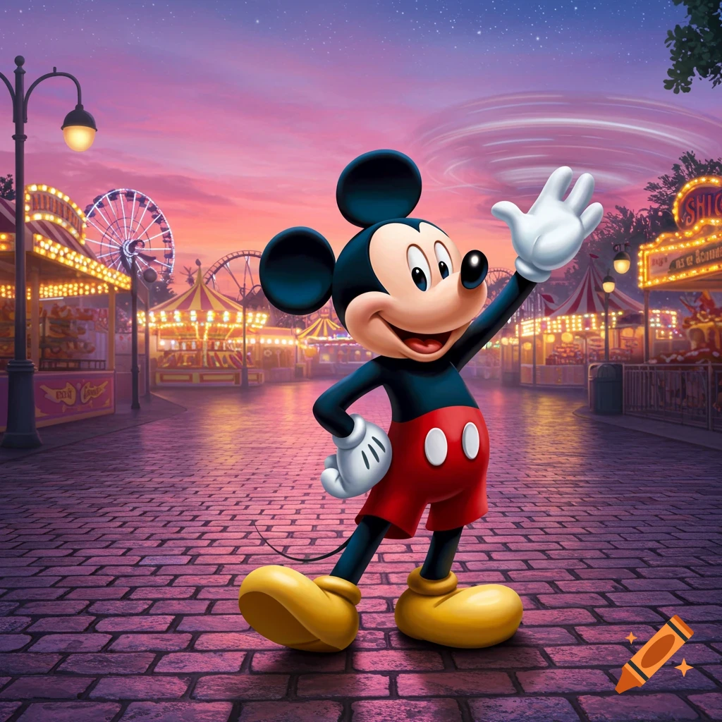 Mickey Mouse stands with a raised hand in a vibrant carnival at sunset, featuring Ferris wheels and illuminated booths.