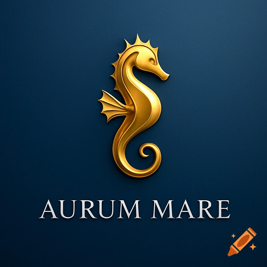 A golden seahorse logo above the text 'AURUM MARE' on a dark blue background.