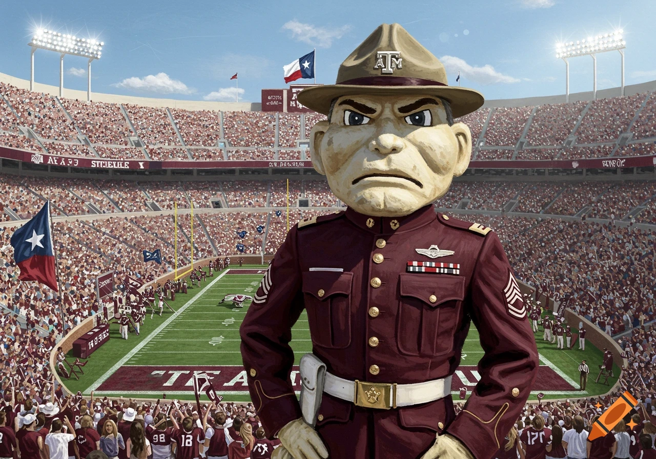 A stoic Ol' Sarge mascot in a maroon uniform stands prominently in a packed football stadium under a blue sky.