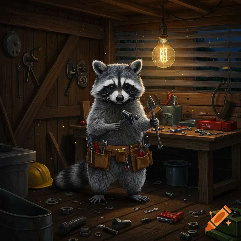 A cartoon raccoon wearing a tool belt and holding a hammer and wrench in a wooden workshop.