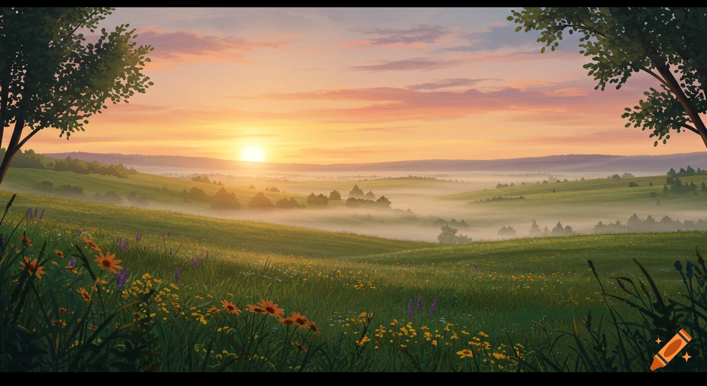 A vibrant sunrise over a lush green valley with rolling hills, fog, and wildflowers in the foreground.