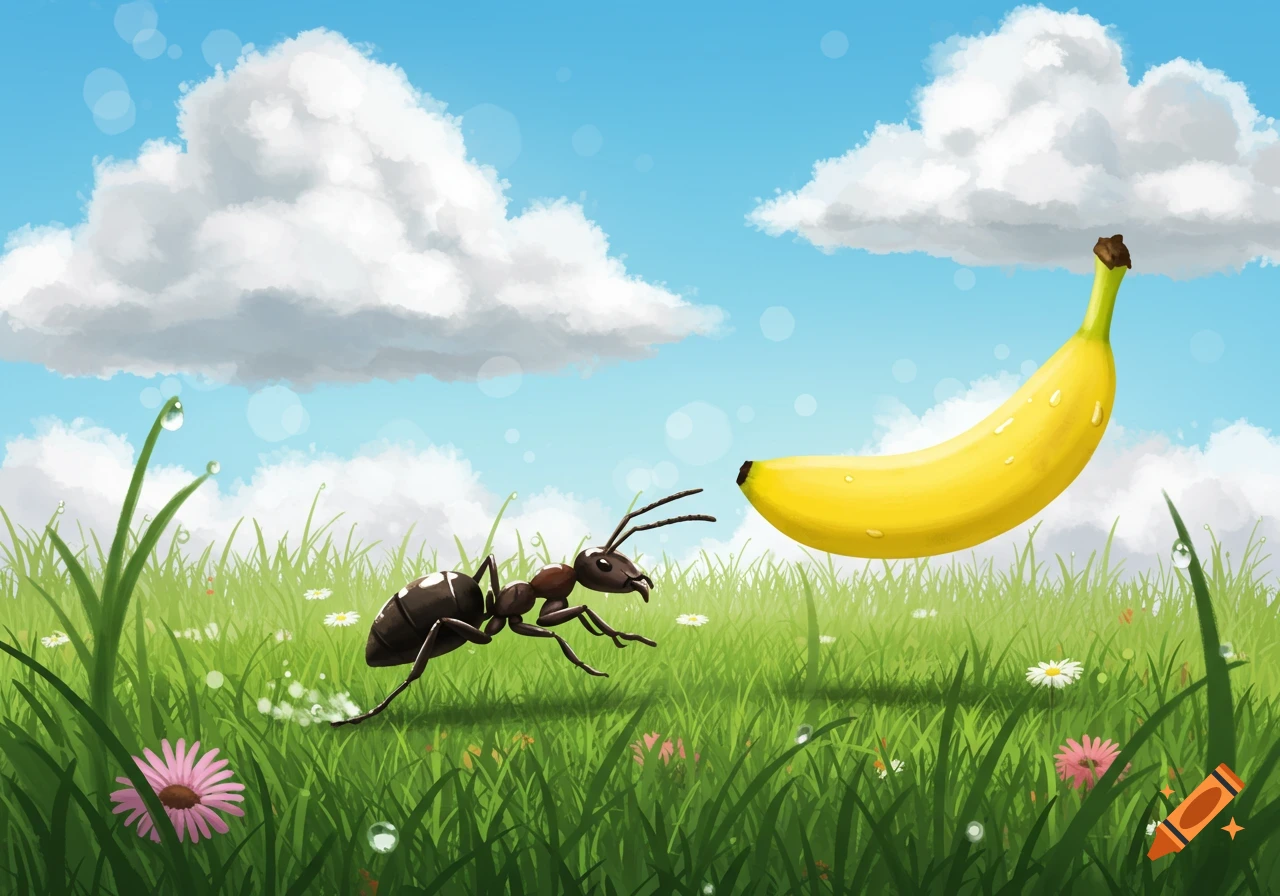 A black ant crawling through green grass towards a floating yellow banana under a blue sky with white clouds.