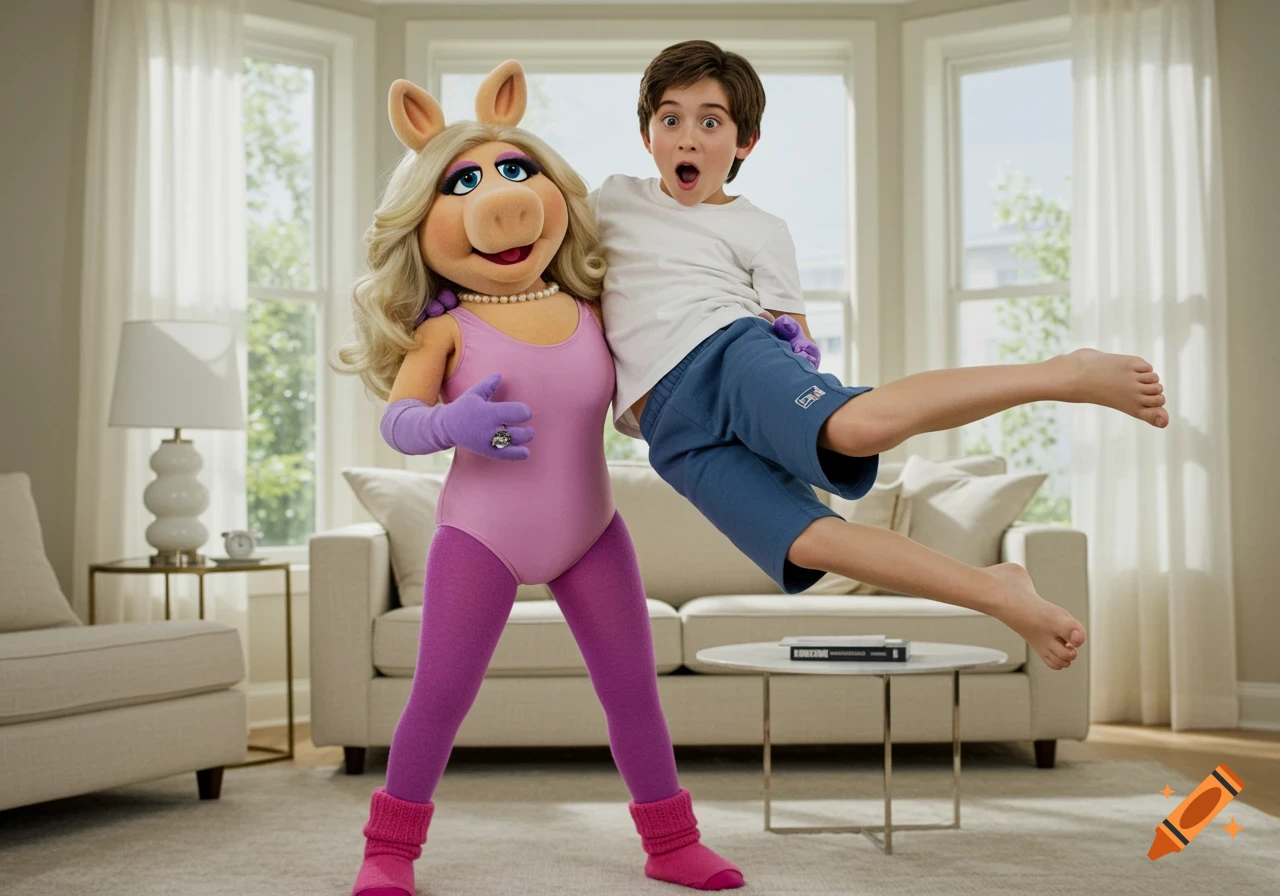 Photorealistic image of Miss Piggy in a pink leotard holding a boy in blue shorts in a bright room.