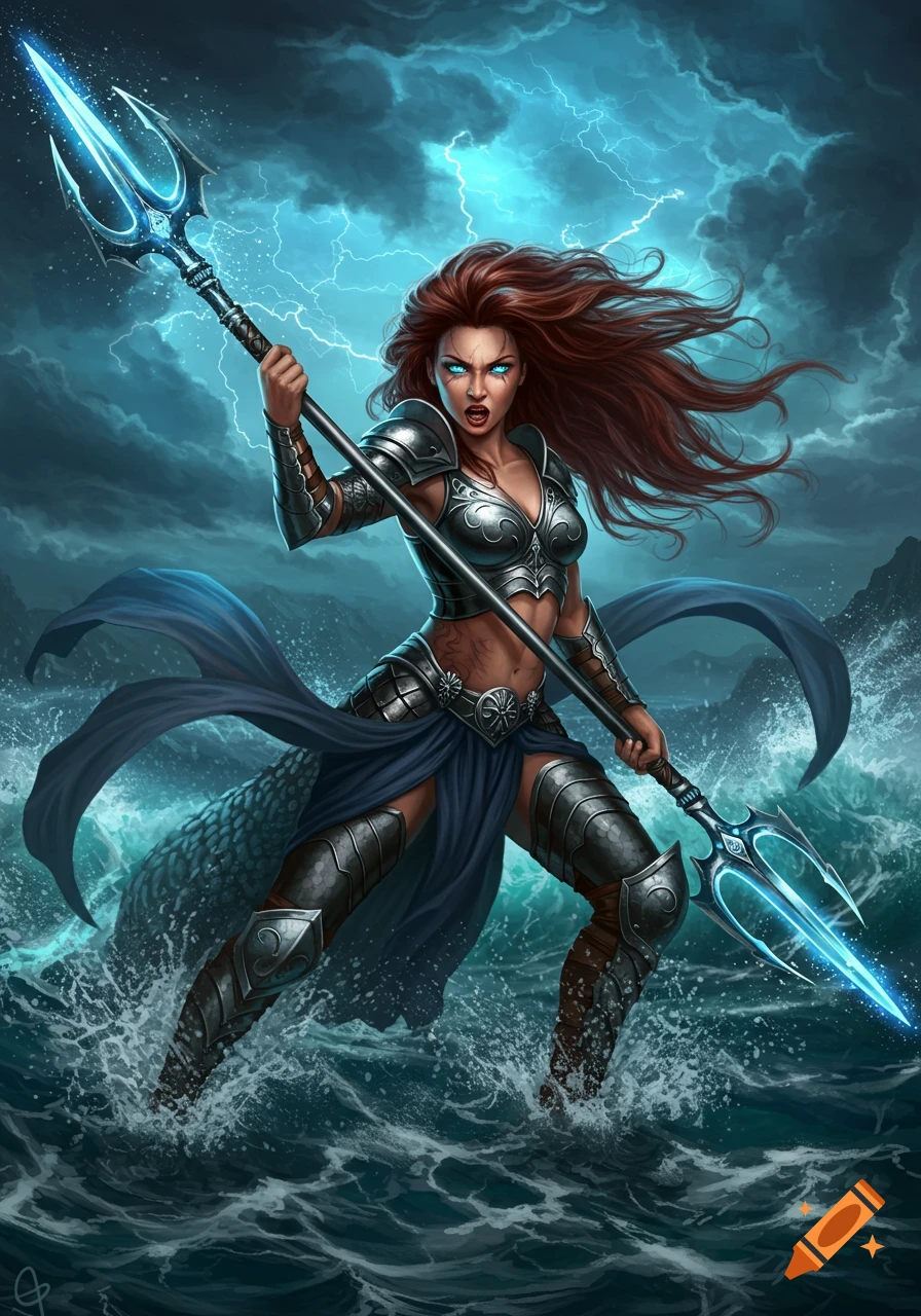 A fierce armored warrior with red hair and glowing blue eyes holds a luminous trident in a stormy ocean with lightning.
