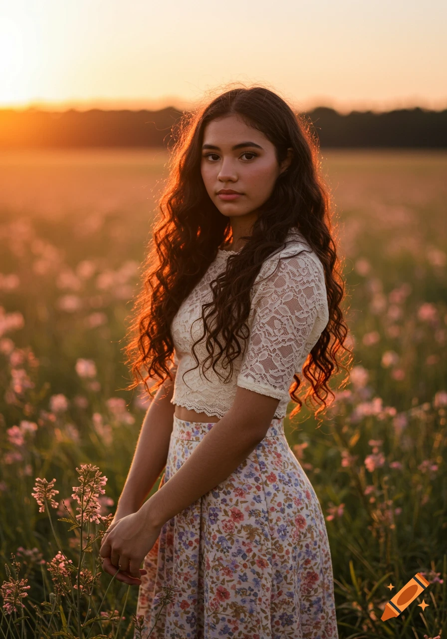 A young woman with long curly hair in a lace crop top and floral skirt stands in a field at sunset.